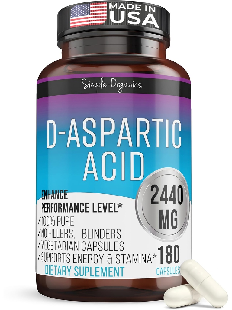 Kaibro Nutra D-Aspartic Acid Supplement for menn, 2440mg D-Aspartic Acid per servering, energi og testosteron støtte, Glutenfri ikke-GMO, 180 Vegan Kapsler