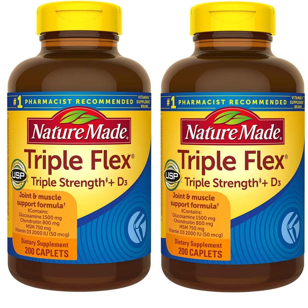 Naturlaget TripleFlex, Glucosamine Chondroitin og MSM - 2 flasker, 200 Caplets Hver, 400 Caplets Totalt