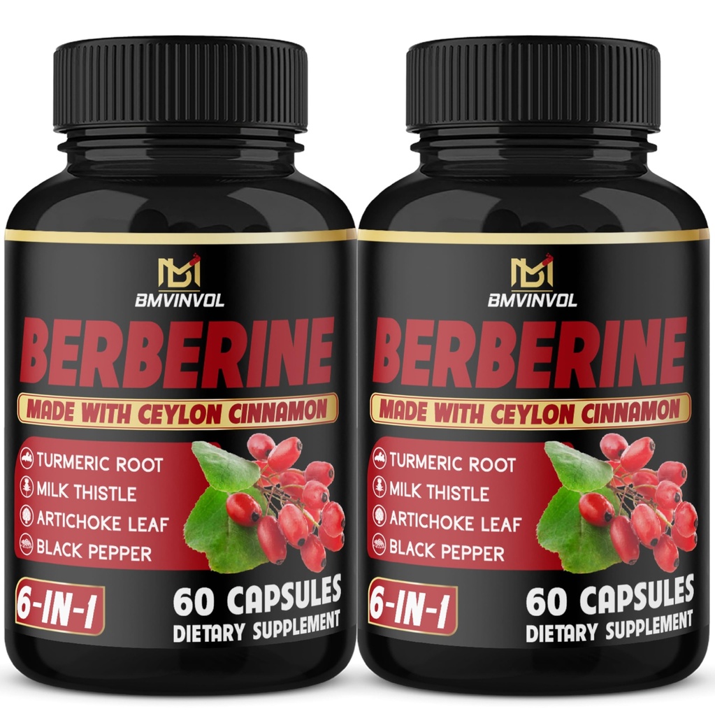 (2 pakker) Berberine Supplement Plus Ceylon Cinnamon, Turmeric, Artichoke, Melk Thistle, Svart Pepper - 120 kapsler - 4 måneders forsyning