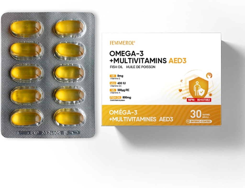 Multivitaminer med omega-3, multivitamin for kvinner og menn, Enterisk belagt fiskeolje DHA / EPA med vitamin A, vitamin E og vitamin D3 for immunfunksjonsstøtte (1 Box 30 Softgels)