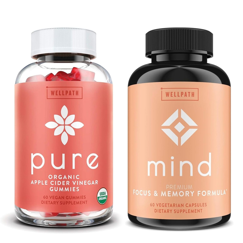 WellPath ren Apple Cider Vinegar med mor Gummies & Mind Brain Supplement med Lions Mane - Støtter fokus og minne, 60 Ct Hver