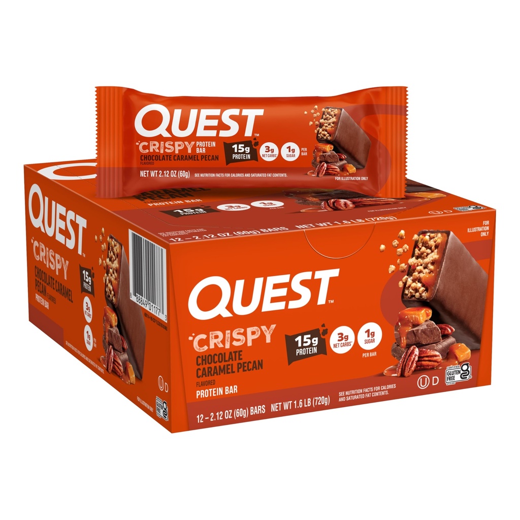 Quest Nutrition Crispy sjokolade karamel pekan helt protein Bar, 15g protein, 1g sukker, 3g netto karbohydrater, glutenfri protein snack, keto vennlig, 12 greve