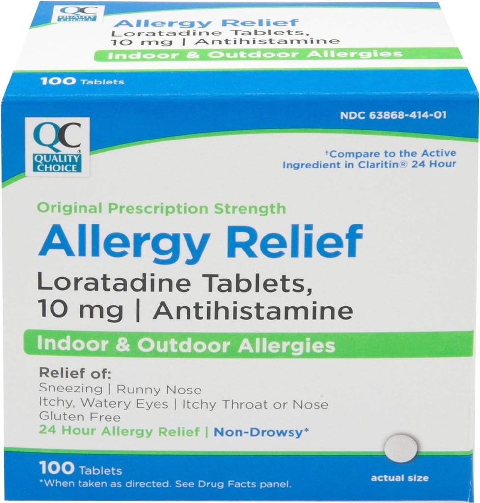 Kvalitetsvalg 24 timer Allergi medisin, ikke-Drowsy Relief for innendørs og utendørs allergier, Loratadin 10 mg antihistamin, for lindring av sensing, Runny nese, kløende og vannige øyne, 100 greve