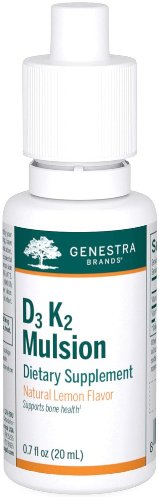 Genestra merker D3 K2 Mulsion - flytende vitaminer for bein helse - naturlig sitron - 122 serveringer