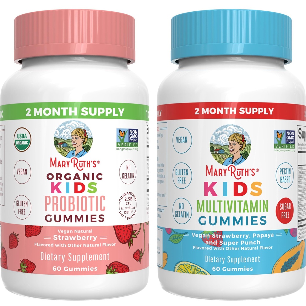 MaryRuth Organics Multivitamin og Probiotic Gummies (Strawberry) for barn | Clean Label Project Verifisert® | Vitaminer for Gut Helse, Immunitet, & Overordnet velvære | Vegansk, Ikke-GMO, Glutenfri