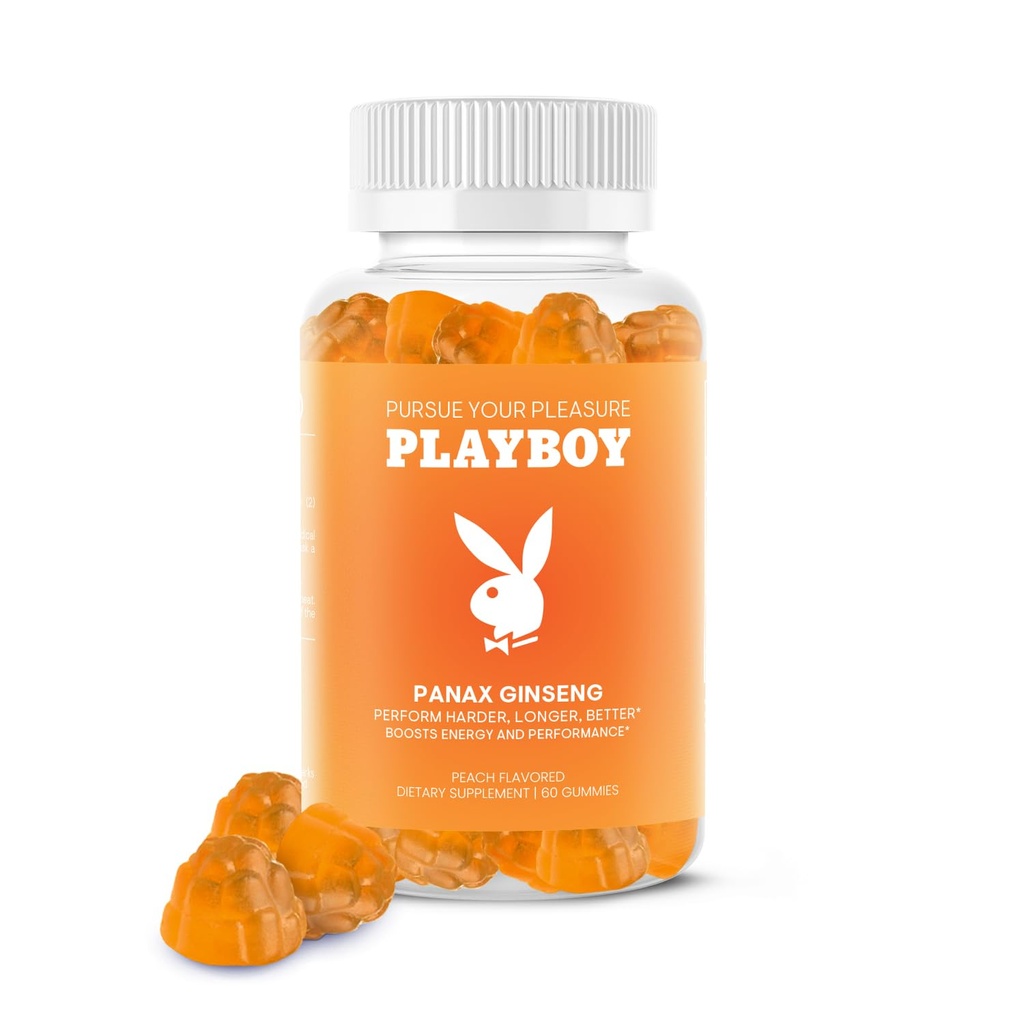 Playboy – Ginseng Gummies (60 greve - Peach Flavored) - Utfør hardere, lengre, bedre - Panax Ginseng Supplement Gummy for menn og kvinner - 100% naturlig, vegansk ikke GMO Ginseng Root 6:1 ekstrakt