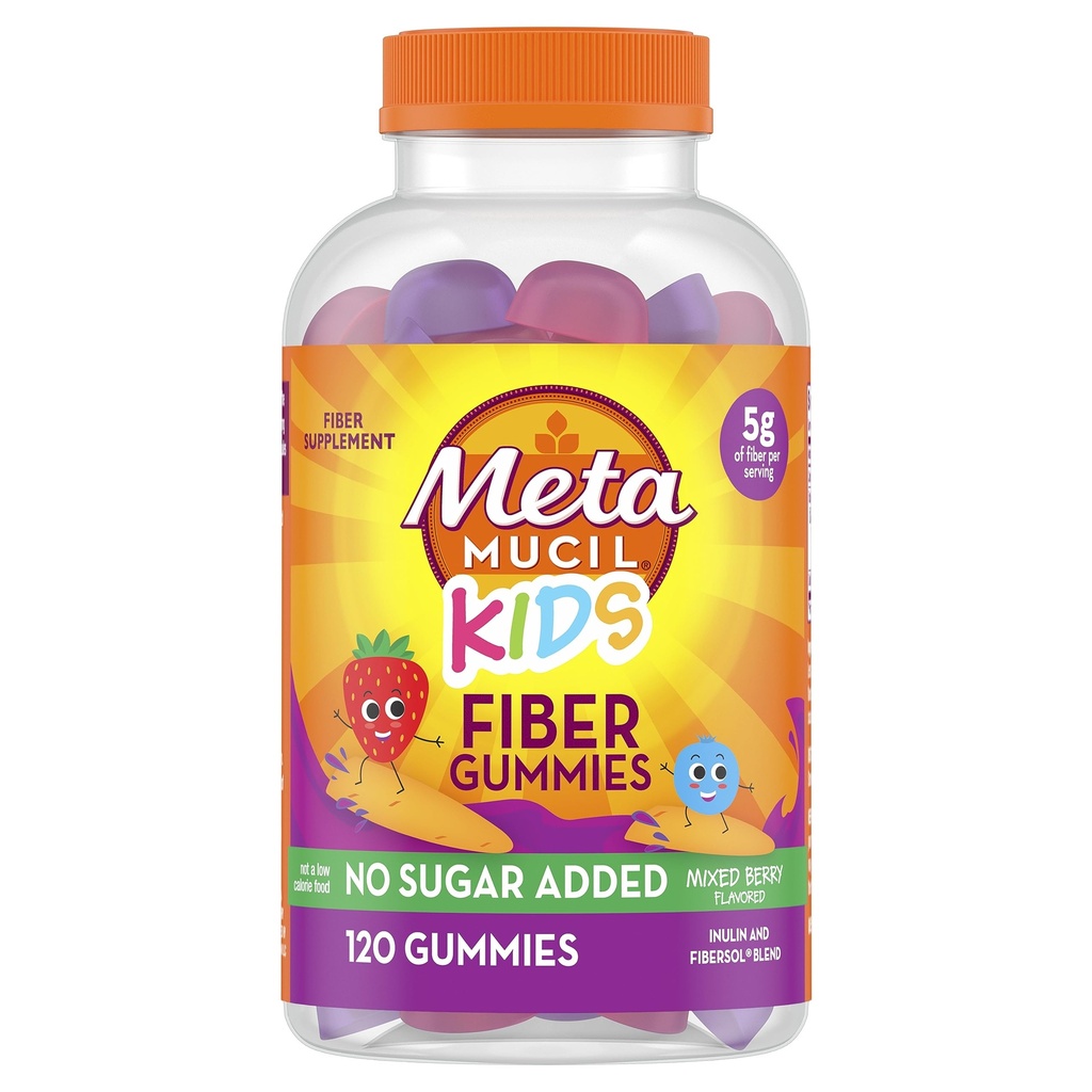 Metamucil Kids Fiber Gummies, Ingen sukker tilsatt, 5g prebiotiske plantebasert fiber Supplement blanding, blandet Berry Flavored, 120ct Gummies