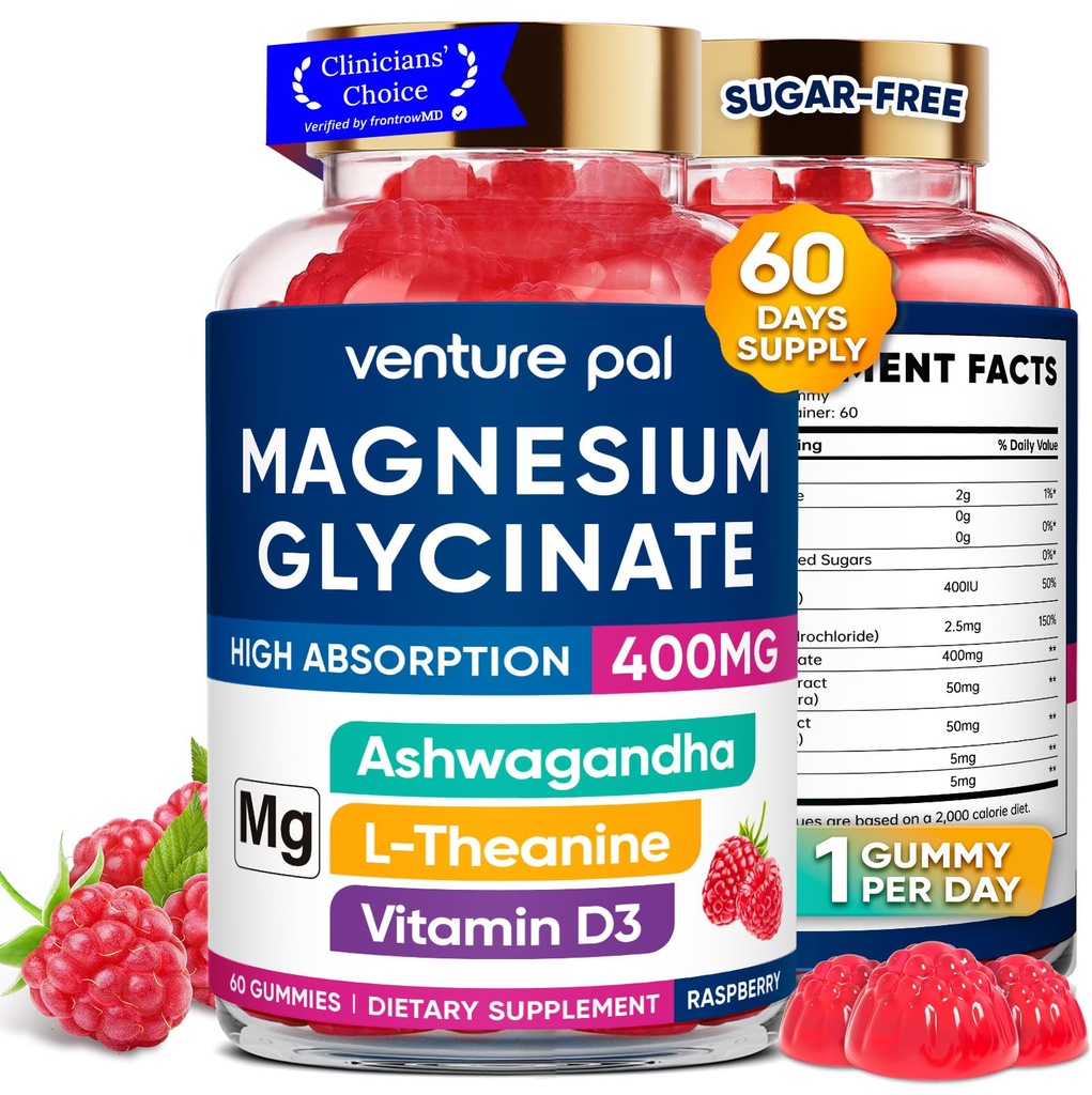 60 dagers forsyning magnesiumglycinat 400 mg gummier med Ashwagandha, L-theanin, CoQ10, Vitamin D3 & B6, sukkerfri magnesium gummier for voksne og barn, stress relief, søvn og ro, vegansk, glutenfri