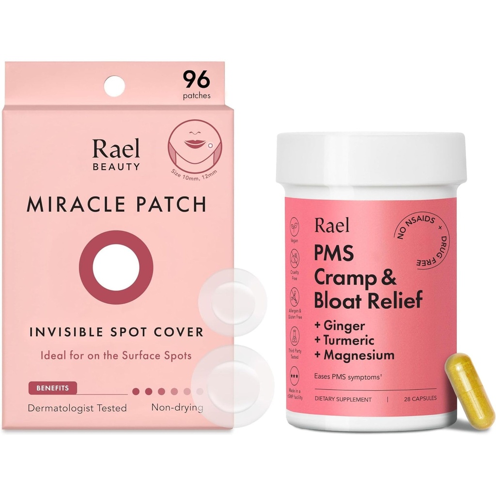 Rael Bundle - Usynlig Spot Cover Pimple Patches (96 Count) & PMS Supplement for kvinner (28 Capsules)