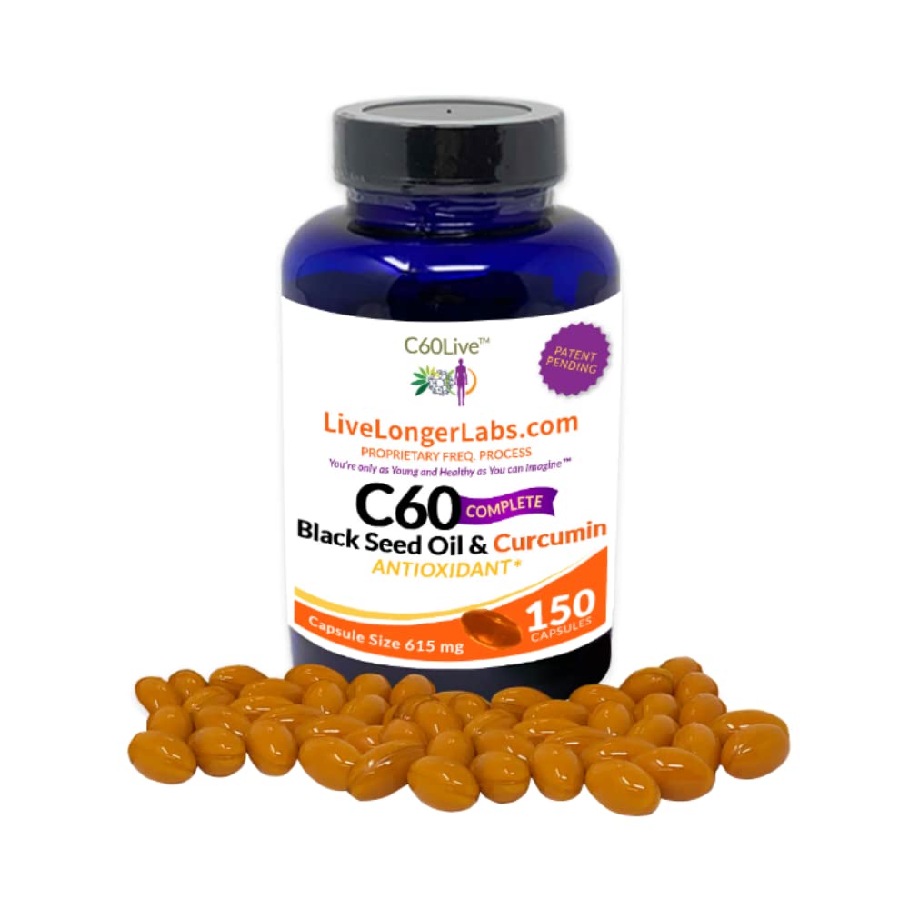 C60 Complete - Carbon 60 (Fulleren) med svart frøolje og curcumin - Antioksidant Supplement - for lang levetid og kognitiv funksjon - alle naturlige - 150 Gel kapsler