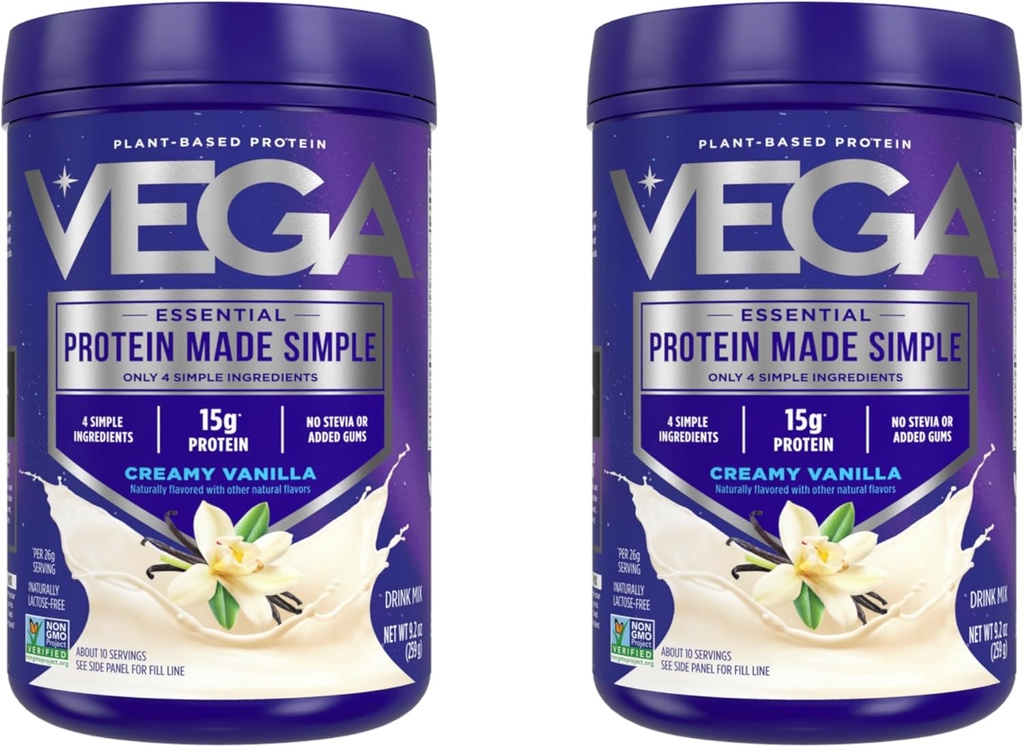 Vega Protein laget enkelt protein pulver, vanilla - Stevia gratis, vegansk, plantebasert, sunn, glutenfri, eraprotein for kvinner og menn, 9.2 oz (Packing May Vary) (Pack of 2)