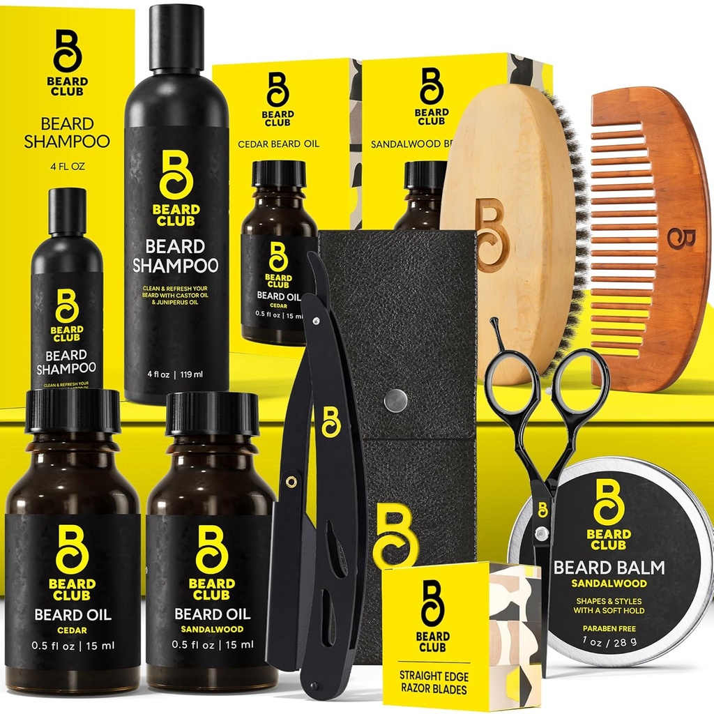 The Beard Club Premium Beard Kit for menn - Grooming & Care Kit - Cedar & Sandalwood Olje, Sandalwood Balm, Shampoo, Brush, Comb, Trimming Scissors, Straight Edge Razor - Gavesett