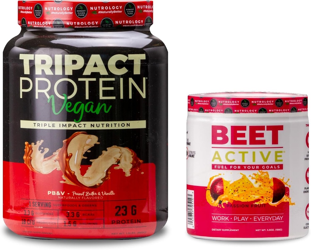 Nutrologi TRIPACT Vegansk proteinpulver, for vegansk proteinshake, peanutsmør vanilla (20 serveringer) og beet aktiv, naturlig pre-workout pulver, lidenskap frukt flavor (30 serveringer)