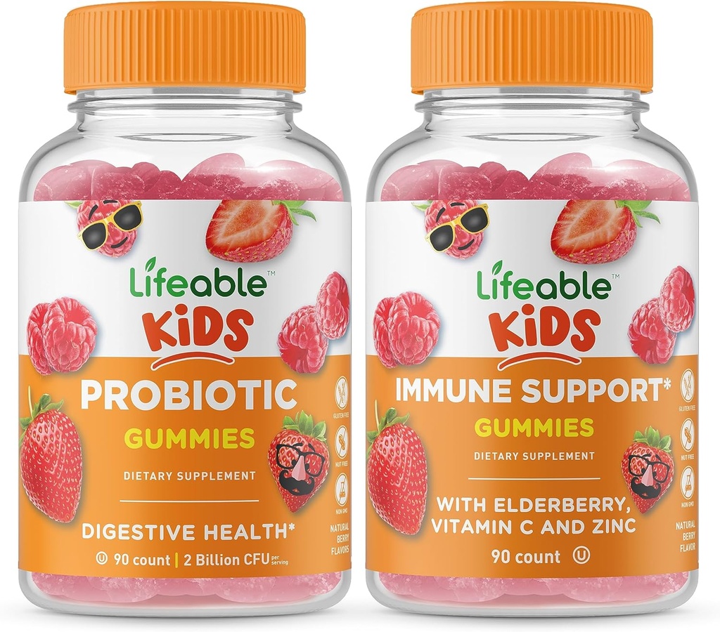 Livbar Probiotic 2 milliarder CFU Kids + Immune Support Kids, Gummies Bundle - Great Tasting, vitamin Supplement, Glutenfri, GMO Gratis, Chewable Gummy