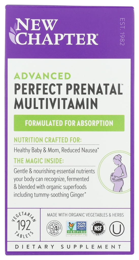 Ny kapittel Perfekt prenatal vitaminer, organiske prenatal vitaminer, ikke-GMO ingredienser for sunn baby & mamma - Folat (Metylfolat), jern, vitamin D3, Fermentert med hele matvarer og probiotika, 192 count