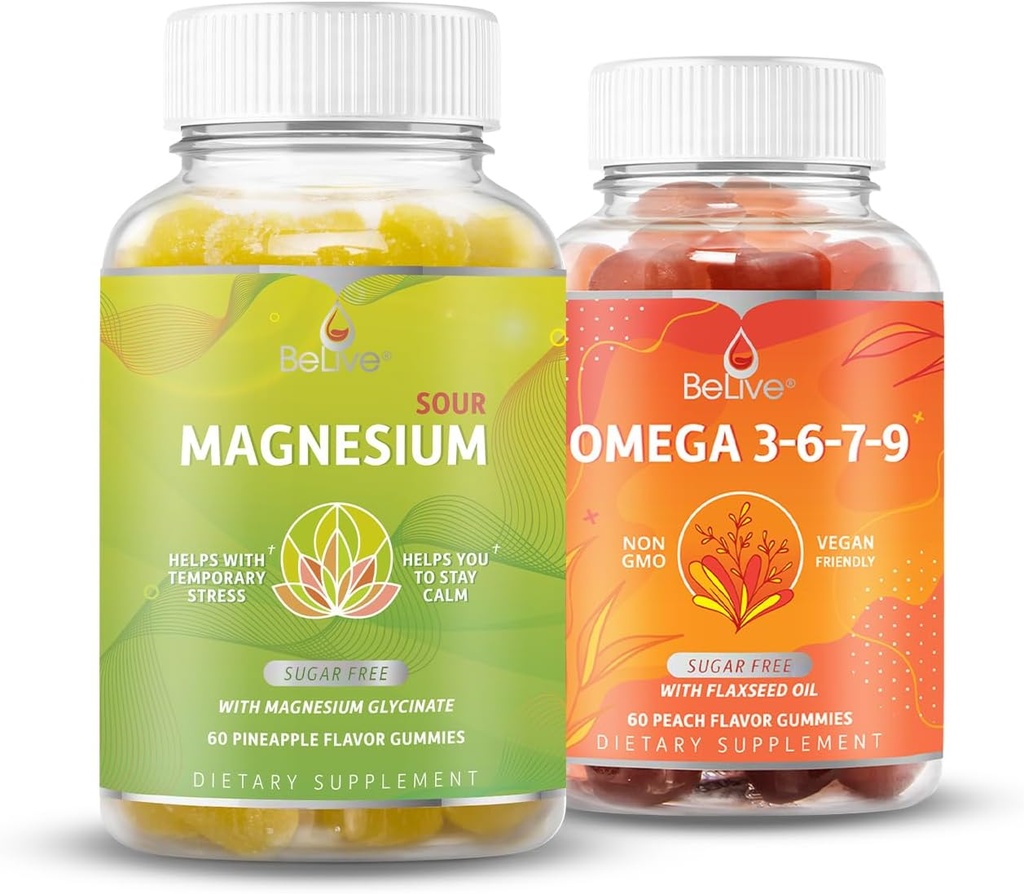 BeLive Magnesium Glycinate & Omega 3-6-7-9 Buddle for avslapning, søvn, hjerne, hjerte og immunsystem støtte