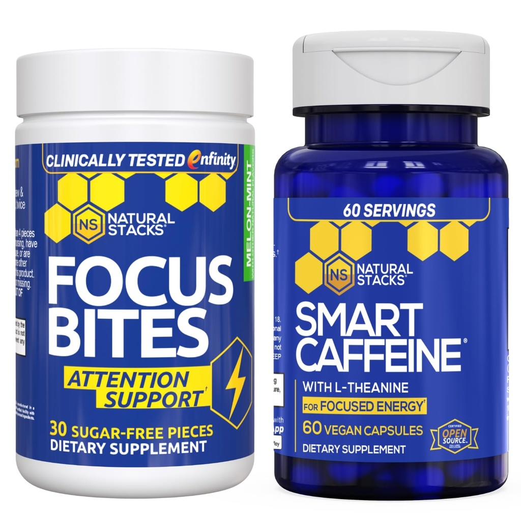 NATURAL STACKS Smart Caffeine + Focus Bites Bundle - Koffein & Paraxanthine Supplements - Støtter energi og fokus * - Ingen Jitters eller Crash - 90 stykker