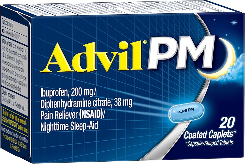 Advil PM (20 greve) Smerte Reliever/Nighttime Sleep Aid Coated Caplet, 200 mg Ibuprofen, 38 mg Diphenhydramine
