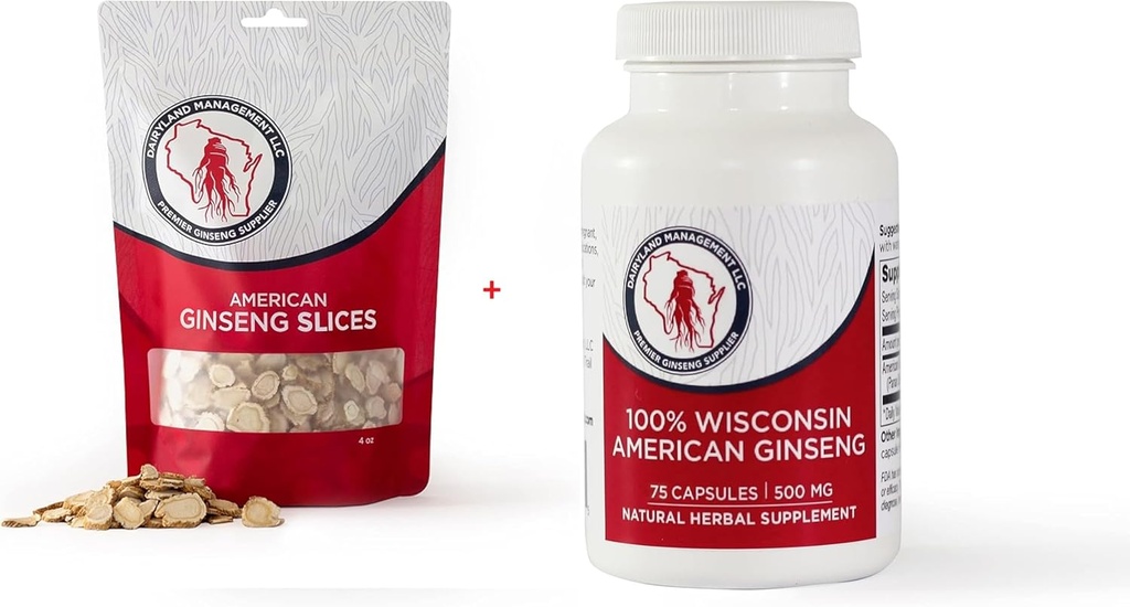 Dairyland American Ginseng Slices 4 oz og Capsules 75 ct Pack av Wisconsin Ginseng – Direkte fra Farmer til Forbruker