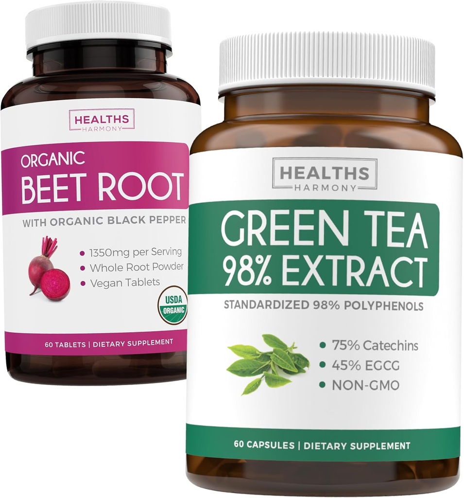 Beet Root & Green Tea Extract (1-måneders forsyning) Detox Power Duo - Organic Beet Root med svart Pepper for absorpsjon 1250mg (60 tabletter) & Grønn Te Extract 98% med EGCG 1000mg per tjeneste (60 caps)