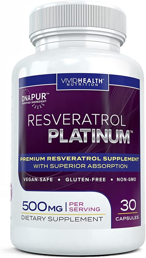 Resveratrol Platinum Antioksidanter Supplement: Kraftig Anti Aging Formula med ren, Naturlig Trans Resveratrol for immun støtte, Vitalitet og hjerne helse, 30 Glutenfri Veggie kapsler