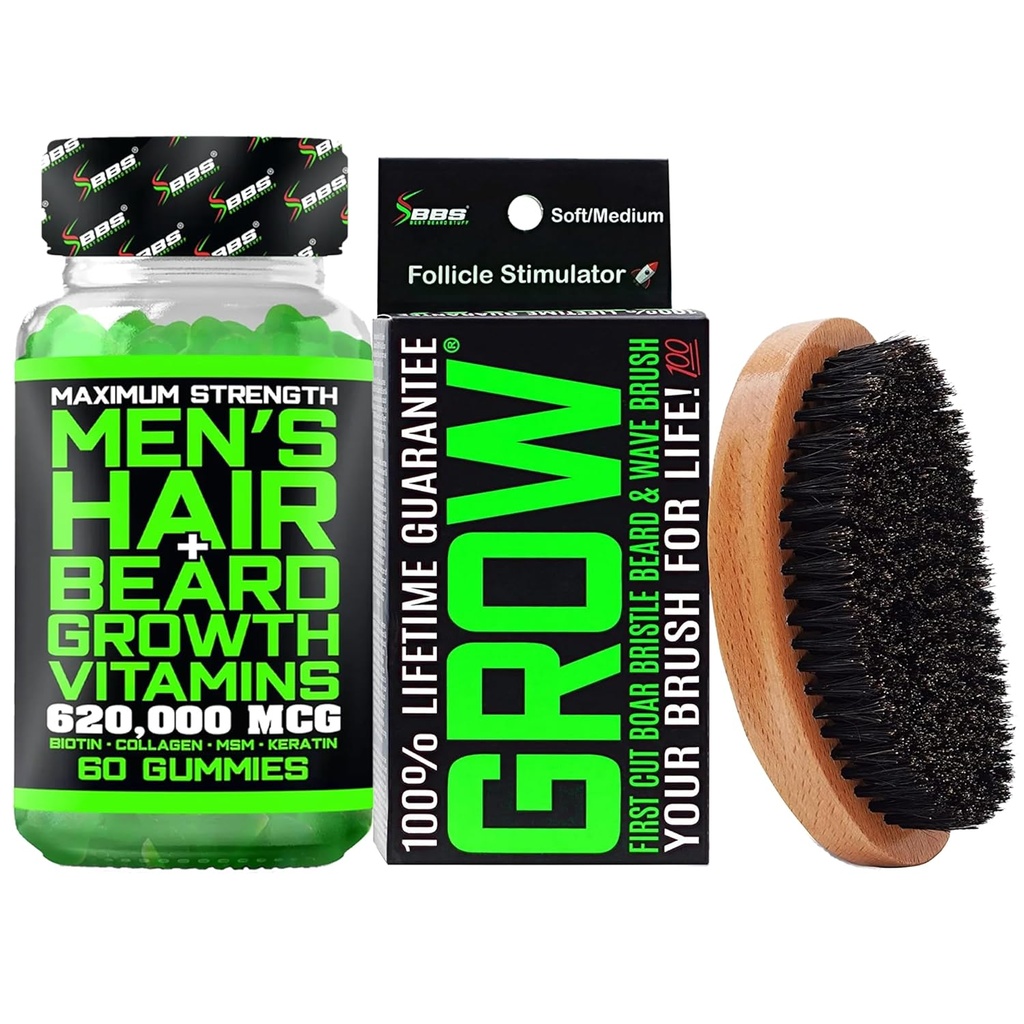 Beard Growth Kit w/ 620.000mcg 14-i-1 BIOTIN Gummi/Beard Vekst Vitaminer og hårvekst Vitaminer for menn + 100% Livstid Erstatning Første Cut Boar Brush & 360 Wave Brush for menn