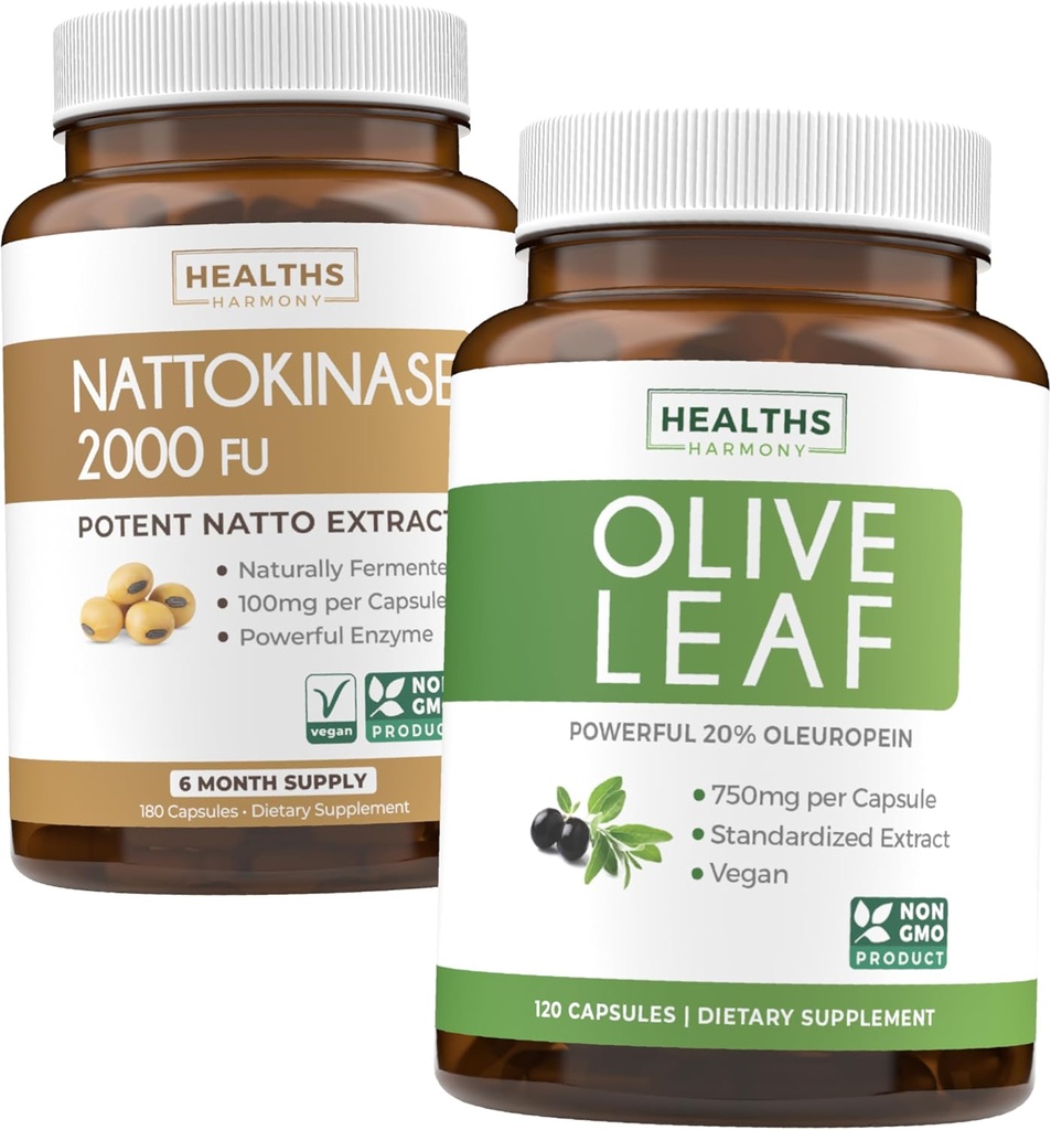 Nattokinase & Olive Leaf (6-måneders forsyning) Flow & Wellness Mix - Nattokinase 2000 FU Kraftig naturlig fermentert soyabønner (6-måneders forsyning) & Olive Leaf Extract Super styrke med 20% Oleuropein