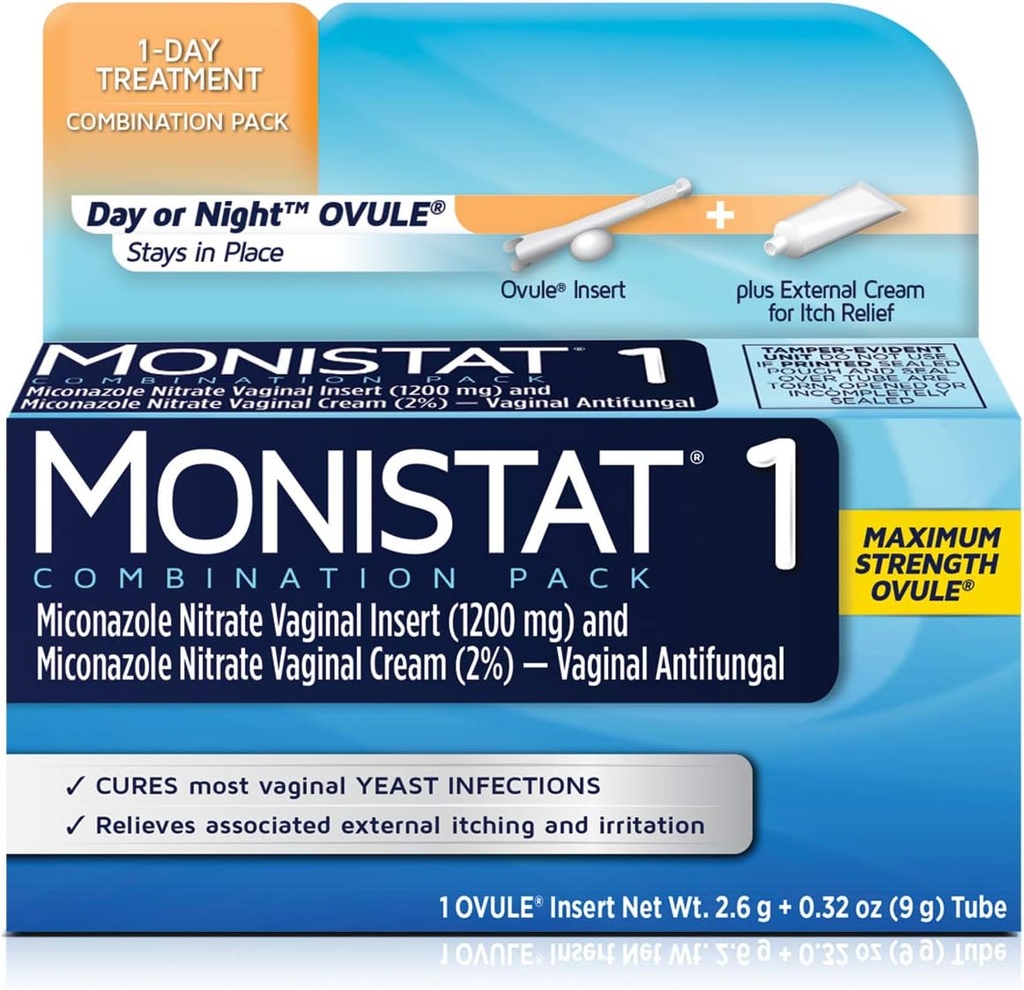 MONISTAT 1-Dose Yeast infeksjonsbehandling, 1 egg Sett inn & ekstern kløe krem