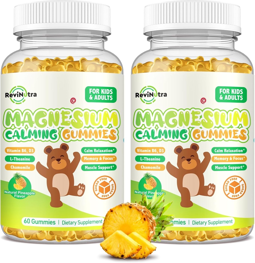 Magnesium Gummies for barn - Magnesium Glycinate Gummies Supplement med L-Theanin, vitamin B6, D3 for voksne og barn, rolig magnesium for søvn, avslapning, hjerne,Bones, Sukkerfri Pineapple 120ct
