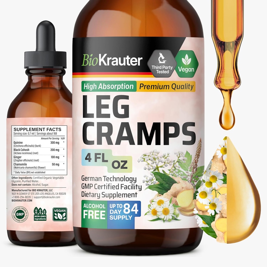 BIO KRAUTER Ben Cramps Tinktur med Quinine - Ginger & Kamille flytende ekstrakter for ben Cramps - naturlig alkohol & sukker gratis formel - Vegan Drops 4 Fl.Oz.