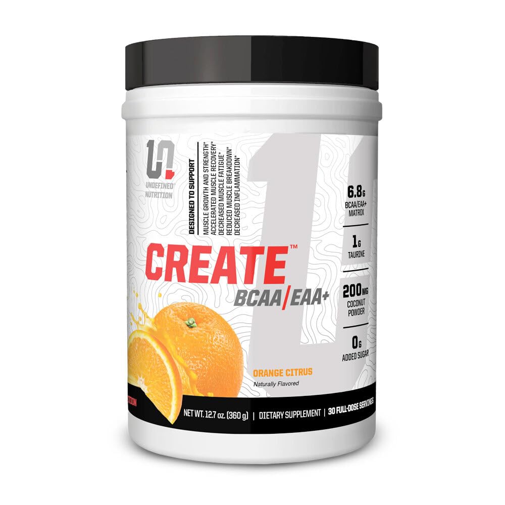 Udefinert ernæring Opprett BCAA/EAA+ av Brian Shaw -Muscle Recovery & Endurance, 6,8 g BCAA/EAA Matrix -Full Spectrum BCAA + Essential Aminosyrer Supplement - 30 Serveringer (127 oz, Orange Citrus)