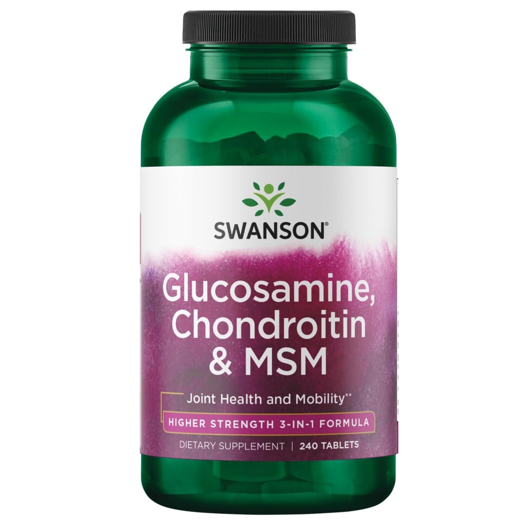 Swanson Glukosamine Chondroitin MSM (metylsulfonylmetan) 3-i-1 Formula Joint Mobility Flexibility Comfort Cartilage Connective Vessue Helsestøtte Kosttilskudd 240 tabletter (Tabs)