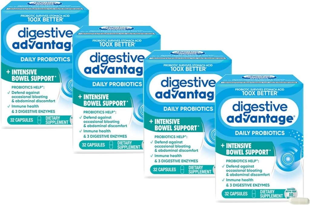 Fordeler Intensiv Bowel Støtte Probiotiske Forsvar mot gass og utblåsing, 32 Count Capsules (4 Pack)