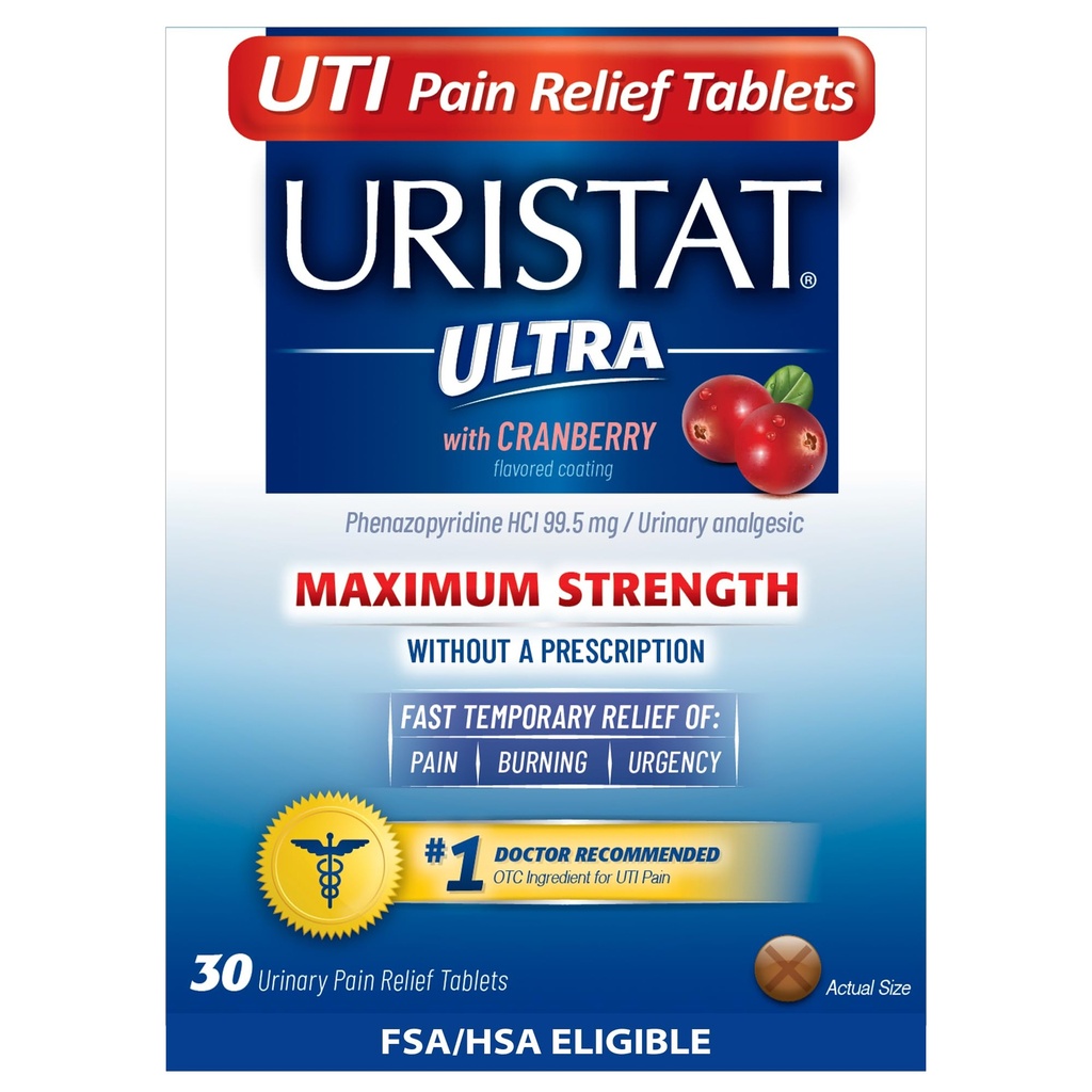 Uristat Ultra UTI smertelindringstabletter, rask urinveisinfeksjonsrelieff av urinveissmerter, brenning, urenhet, maksimal styrke, tranebærflavorert belegg, 30 tabletter