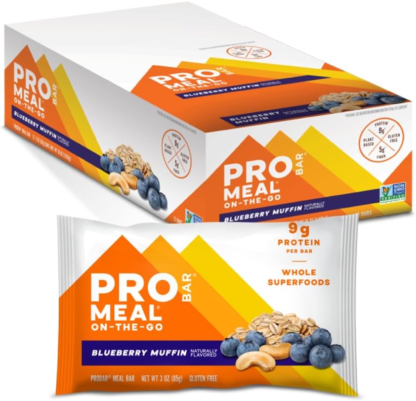 PROBAR - MEAL Bar, Blåbærsmuffin, Ikke-GMO, Glutenfri, sunn, plantebasert, Helfôr Ingredienser, Naturlig energi (12 teller)