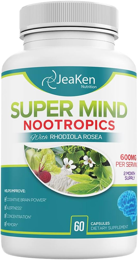 Super Mind - Nootropics Kognitiv forsterker - Brain Boost Supplement med naturlige ingredienser - Bacopa Monnieri - Rhodiola Rosea - Ginkgo Biloba - Vitamin B12-60 Vegansk Kapsler laget i USA