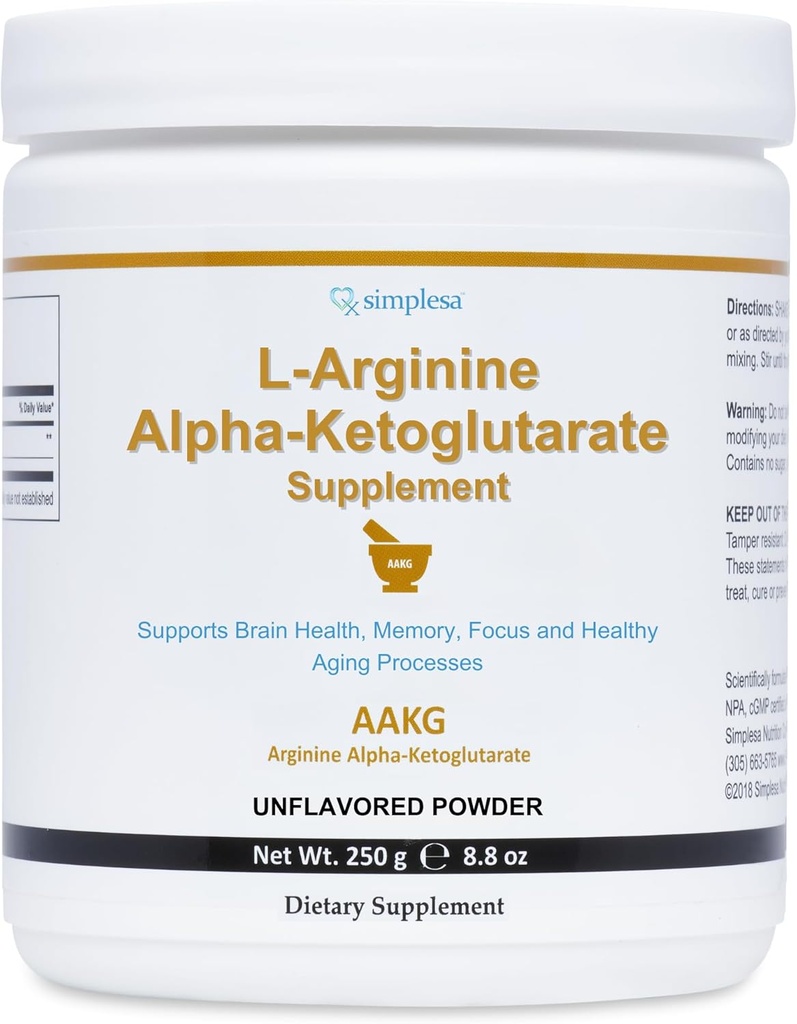 Simplesa AAKG Arginin pulver, L-Arginine Alpha-Ketoglutarate Supplement, 2000mg Per Serving, støtter hjerne helse, minne, fokus og sunn aldring prosesser, 250g pulver Supplement