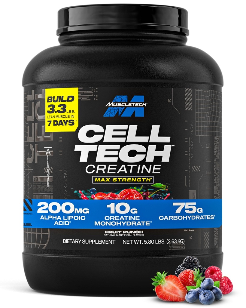MuscleTech Kreatin Monohydrat pulver - Cell-Tech Creatine pulver Post Trening Recovery Drink, Muscle Builder & Musclebuilding Kreatin Supplement - Fruit Punch, 6 lbs (56 Serv) - Emballasje May Vary