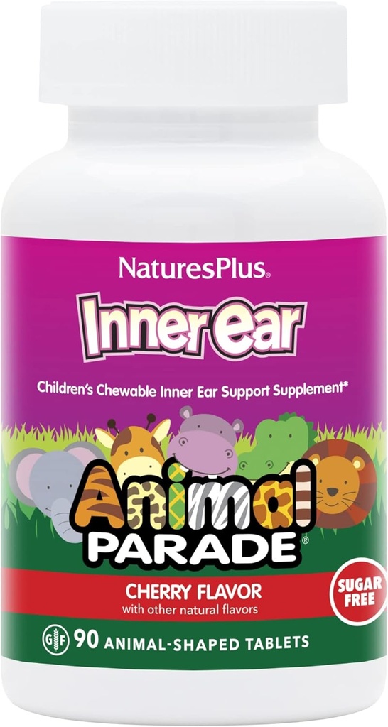Natures Plus Animal Parade Indre Øre Støtte Barn Chewable - Naturlig Cherry Flavor - 90 Animal-Shaped Tabletter - Probiotiske Supplement - Glutenfri - 45 Serveringer
