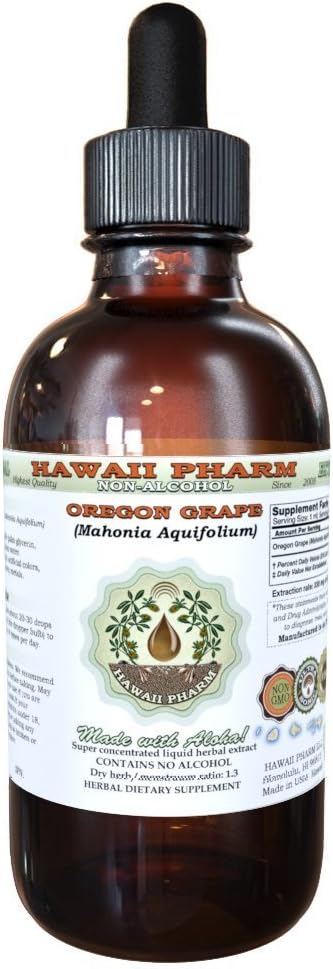 Hawaii Pharm Oregon Grape alkohol-fri flytende ekstrakt, Oregon Grape (Mahonia akifolium) tørket rot glyseritt naturlig herbal supplement, USA 2oz