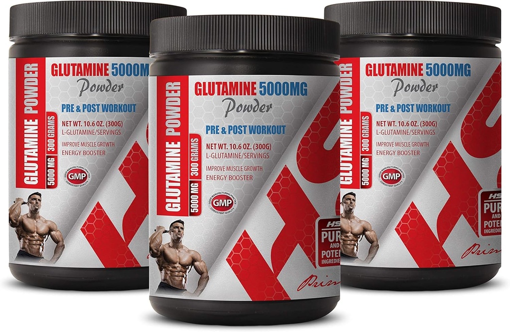 Muskelgjenvinning aminosyrer - PRE & Post Trening - GLUTAMINE Powder 5000MG - glutaminpulver ikke-GMO - 3 bokser 900 gram