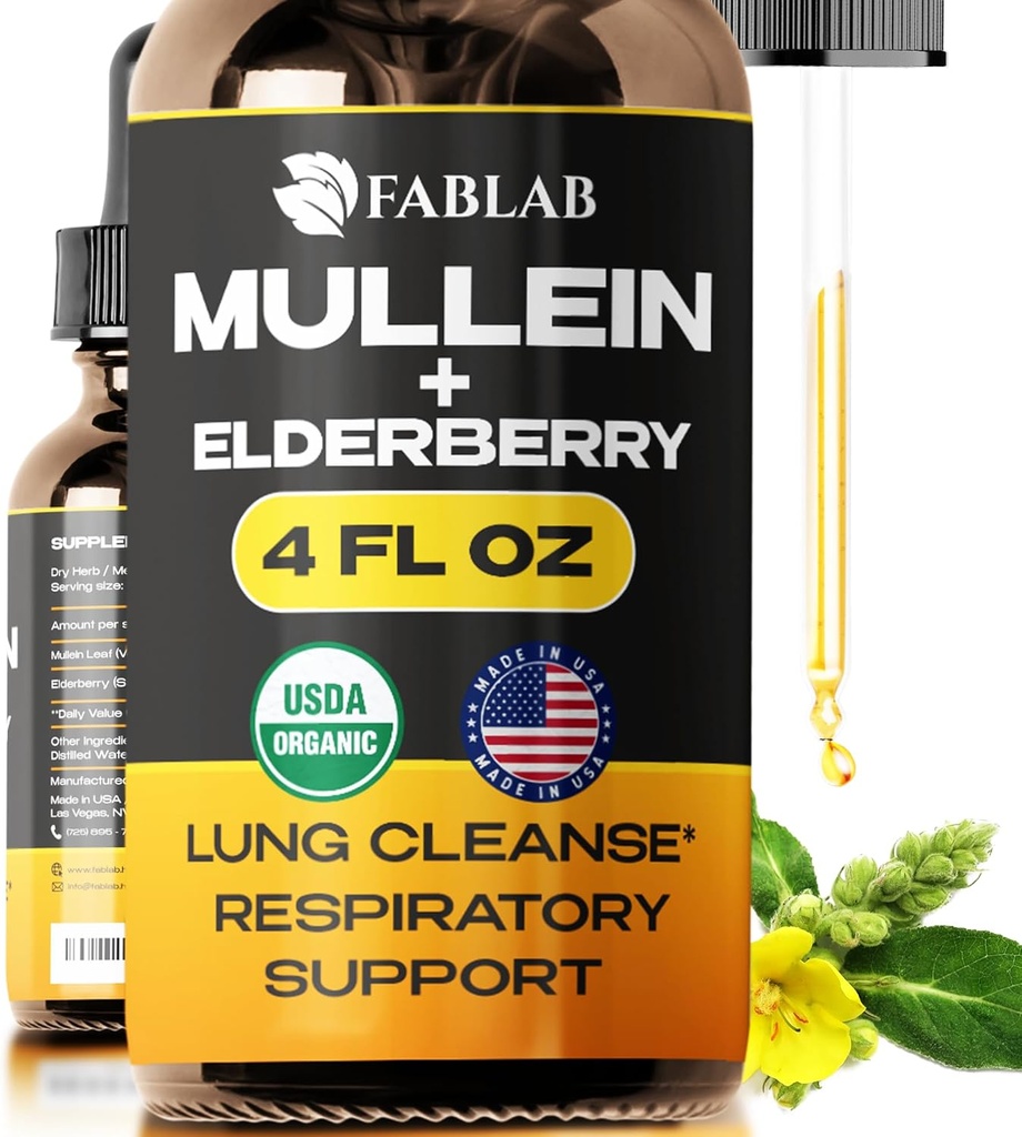 FabLab Mullein Leaf Ekstrakt med Elderberry 4 Fl Oz - laget i USA - Drops for bedre Lung - Mullein Tinktur for Lung Detox - Bronchial Cleanse for røykere - pustende herbal Supplement