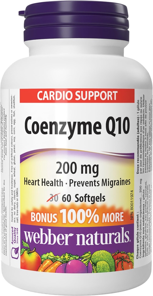 Webber Naturals Coenzym Q10 (CoQ10) 200 mg, 60 Softgels, høy styrke Antioksidant Supplement, for hjertehelse og cellulære energiproduksjon, 60 dagers forsyning, Glutenfri