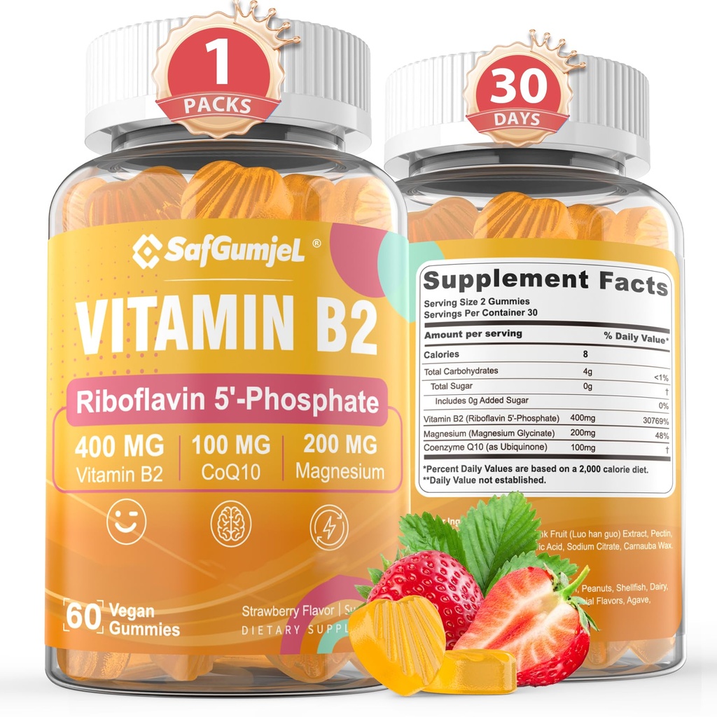 Vitamin B2 Gummies | Riboflavin 400mg med magnesium og coQ10 for megrain relief & hodepine Relief | Sukkerfri, Vegansk, Jordbær Flavor, 60 greve