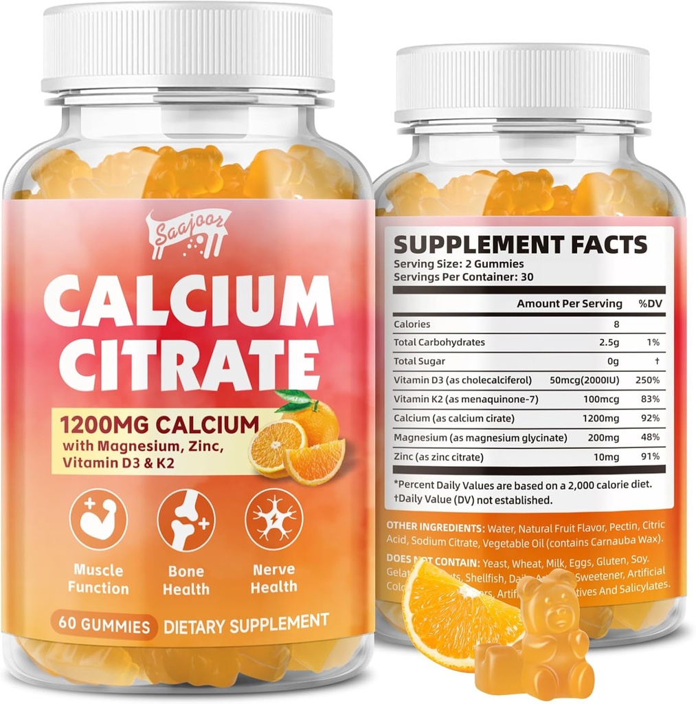 Kalsium Citrate Gummies 1200 mg med vitamin D3, K2, Magnesium, sink, bein støtte for bein, muskler og ledd, immunitet og minne støtte, 60 greve