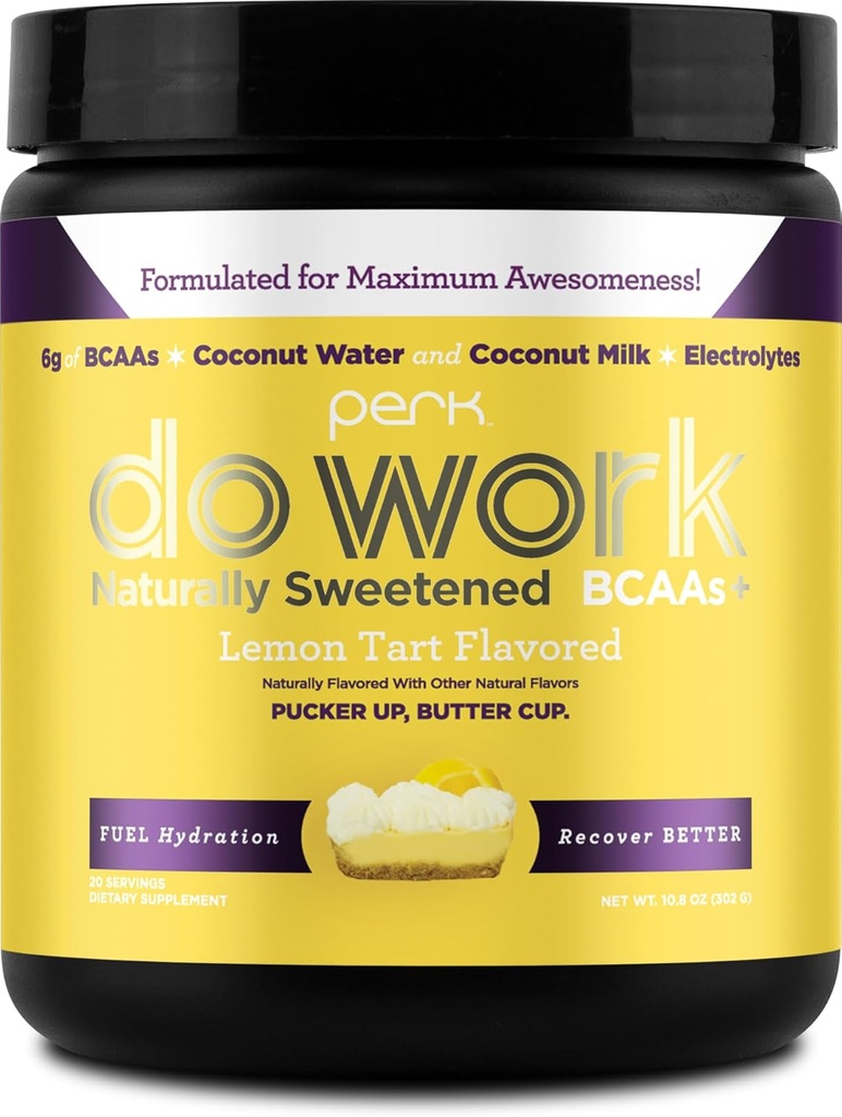 Perk Work BCAA + Hydration Electrolytes pulver (Naturlig søtet sitron Tart Flavored, 20 serveringer) - med kokosvann og kokosmelk
