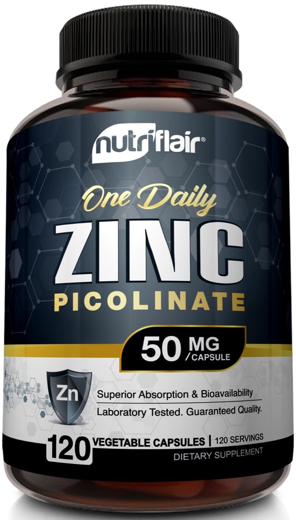 NutriFlair Zinc Picolinat 50 mg, 120 kapsler - Maksimal absorpsjon Sink Supplement piller - Immunsystem Booster, immunforsvar, kraftig ikke-GMO Antioksidant - Sammenlign med gluconat, Citrat, Oxid