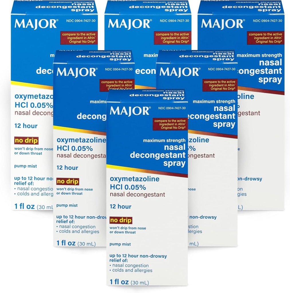 MAJOR Maks styrke Nasal Decongestant Spray, Oxymetazoline HCl 0,05% Pump Mist, Ikke-Drowsy Nasal Spray, opp til 12-timers Relief fra Nasal Congestion, Colds og Allergies 1 Fl. Oz (6-Pack)