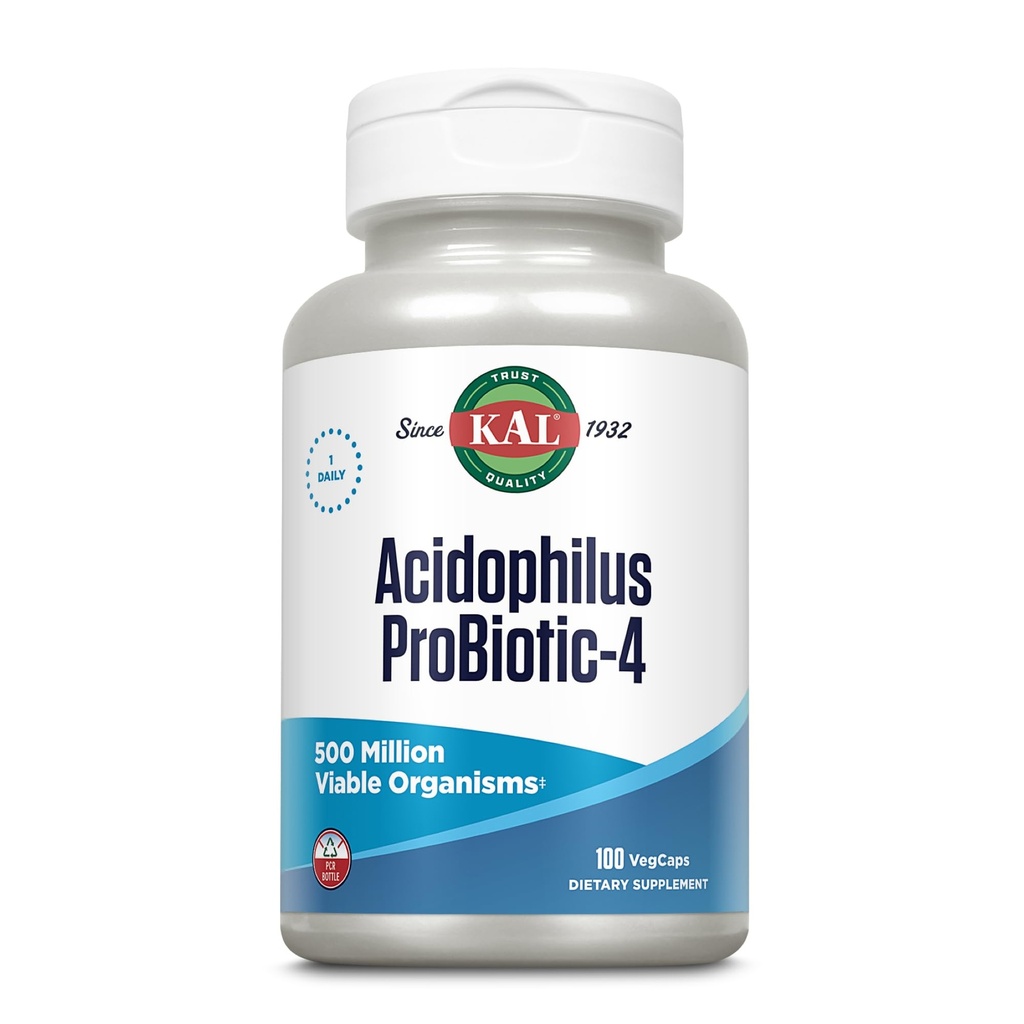 KAL Acidophilus ProBiotic-4, 500 millioner CFUs, fire probiotiske strimler, probiotika for kvinner og menn, frysetørket, L. acidophilus, L. bulgaricus, S. termophilus, B. bifidum, 100 serveringer, 100 Vegkaps