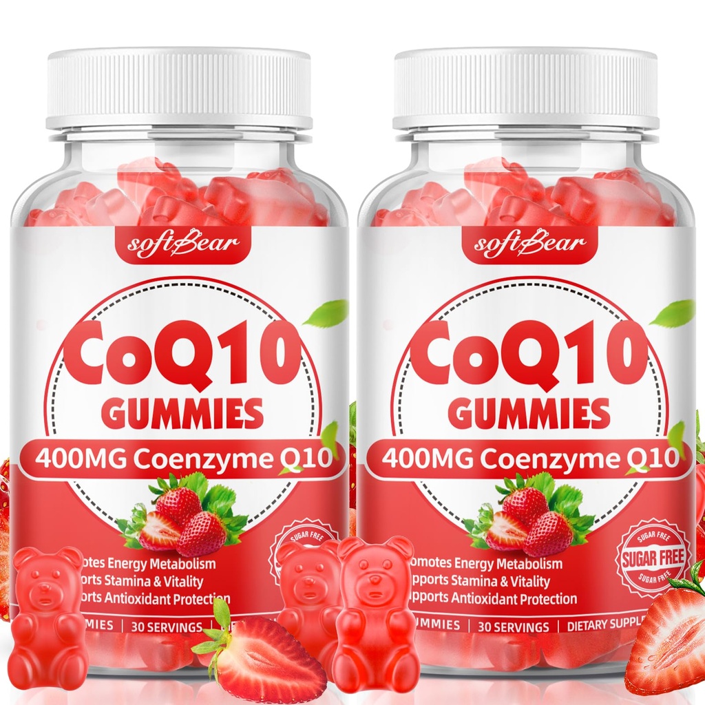 softbear CoQ10 Gummies 400 mg Coenzym Q10 Supplement for voksne, høy absorpsjon coq10 pluss Omega-3, magnesium, vitamin B3 & sink for cellulær energi og antioksidant, Strawberry Flavor 120 Count